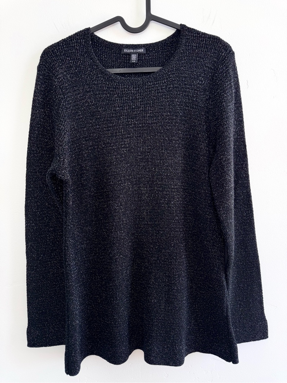 Eileen Fisher Merino Wool Blend Black Metallic Sparkle Crew Neck Sweater Large